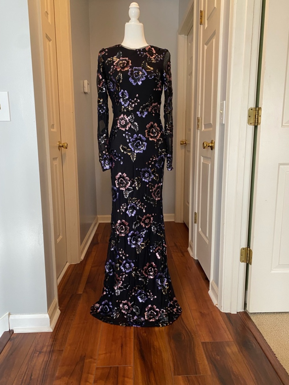 Betsy & Adam Black Maxi Dress with Pink and Purple Floral Print